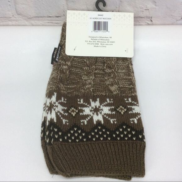 Muk Luks Knit Boot Cuffs/Toppers 2 Sets Nordic Dot Moccasin Brown /Fairisle Blue - Picture 3 of 9